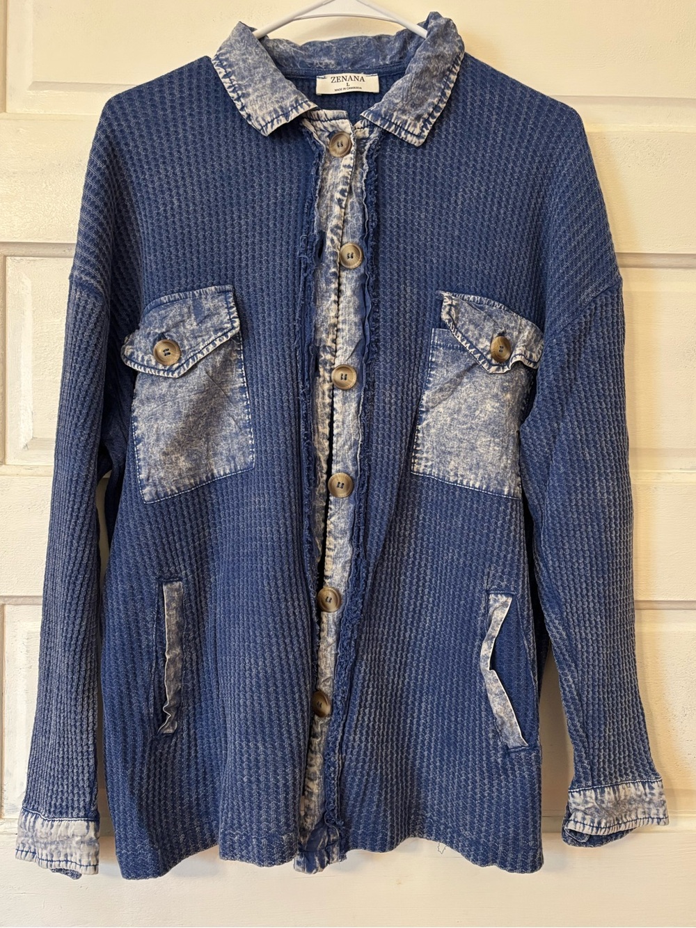 Zenana Outfitters Blue Textured Button Front Jacket with Washed Trim